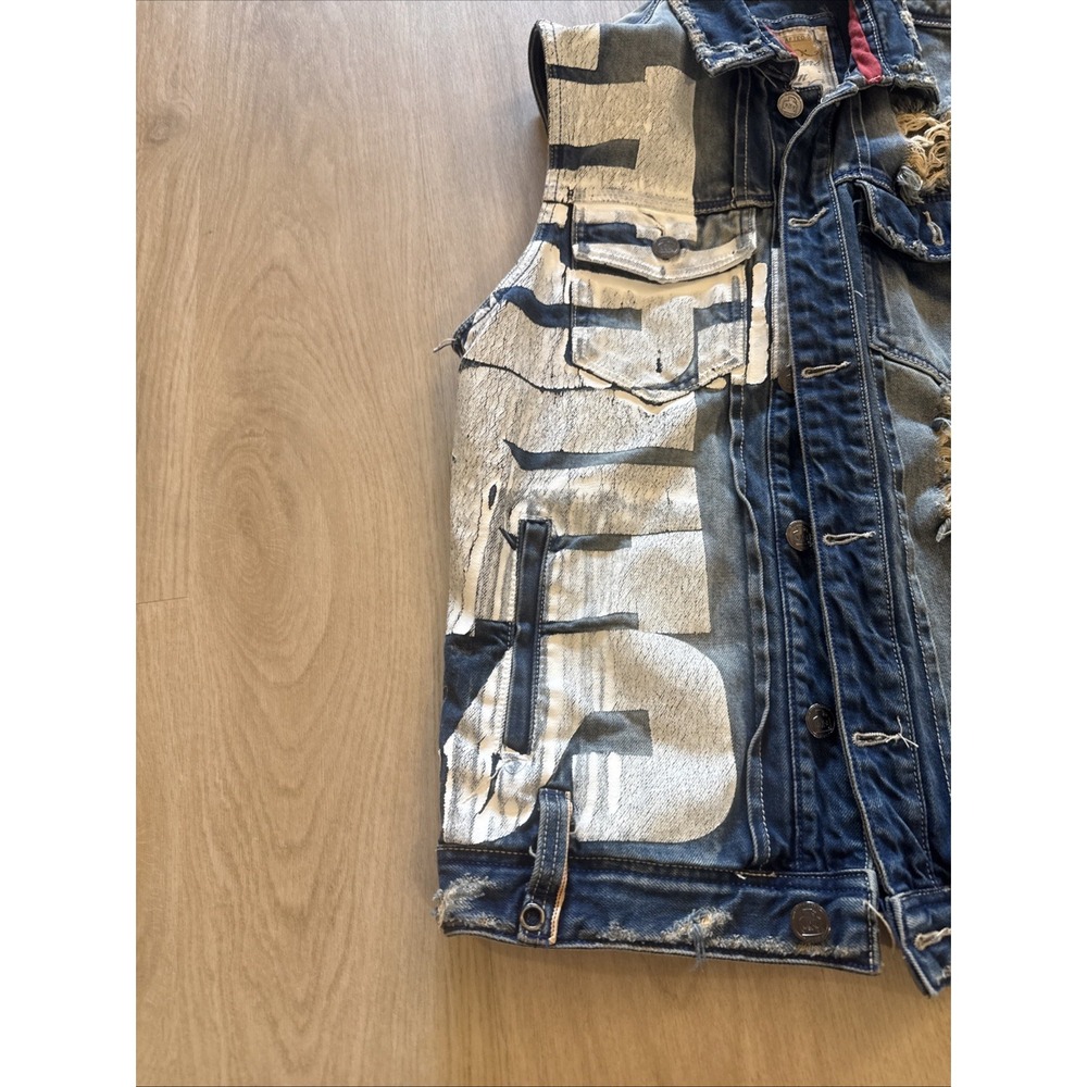 Smugglers Moon Denim Vest Men's L Distressed Painted Y2K Biker Grunge Jean - Picture 11 of 13